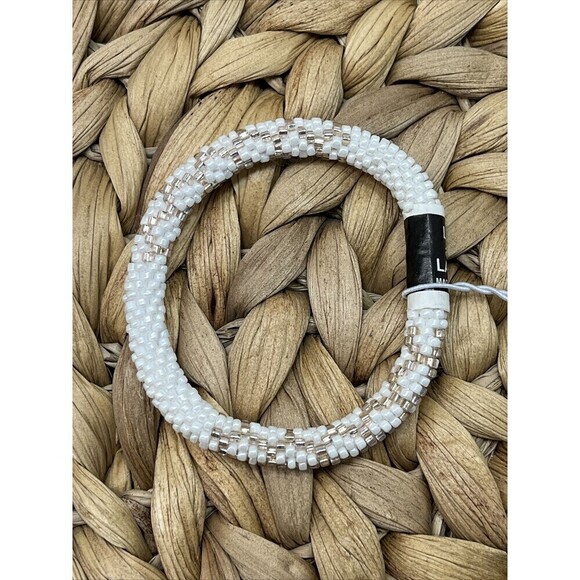 LILY and LAURA "Rose Gold Overlay on White" Hand Crocheted Beaded Bracelet - Picture 1 of 3